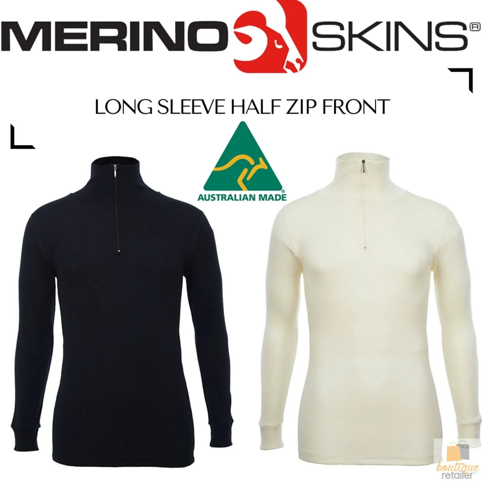 100% Wool MERINO SKINS Mens Half Zip Long Sleeve Thermal Underwear T-Shirt Top