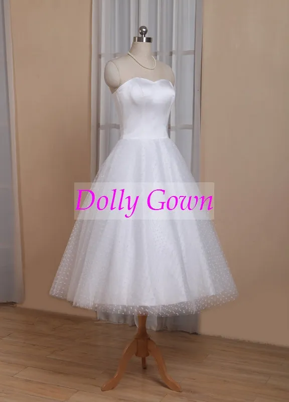 1950s Pin Up Rockabilly Polka Dots Strapless Tea Length Wedding Dresses with Sleeves