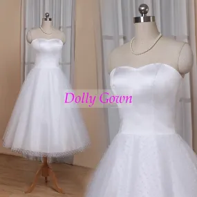 1950s Pin Up Rockabilly Polka Dots Strapless Tea Length Wedding Dresses with Sleeves