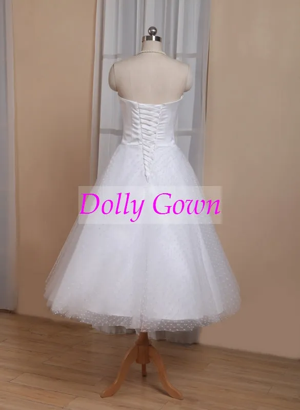 1950s Pin Up Rockabilly Polka Dots Strapless Tea Length Wedding Dresses with Sleeves