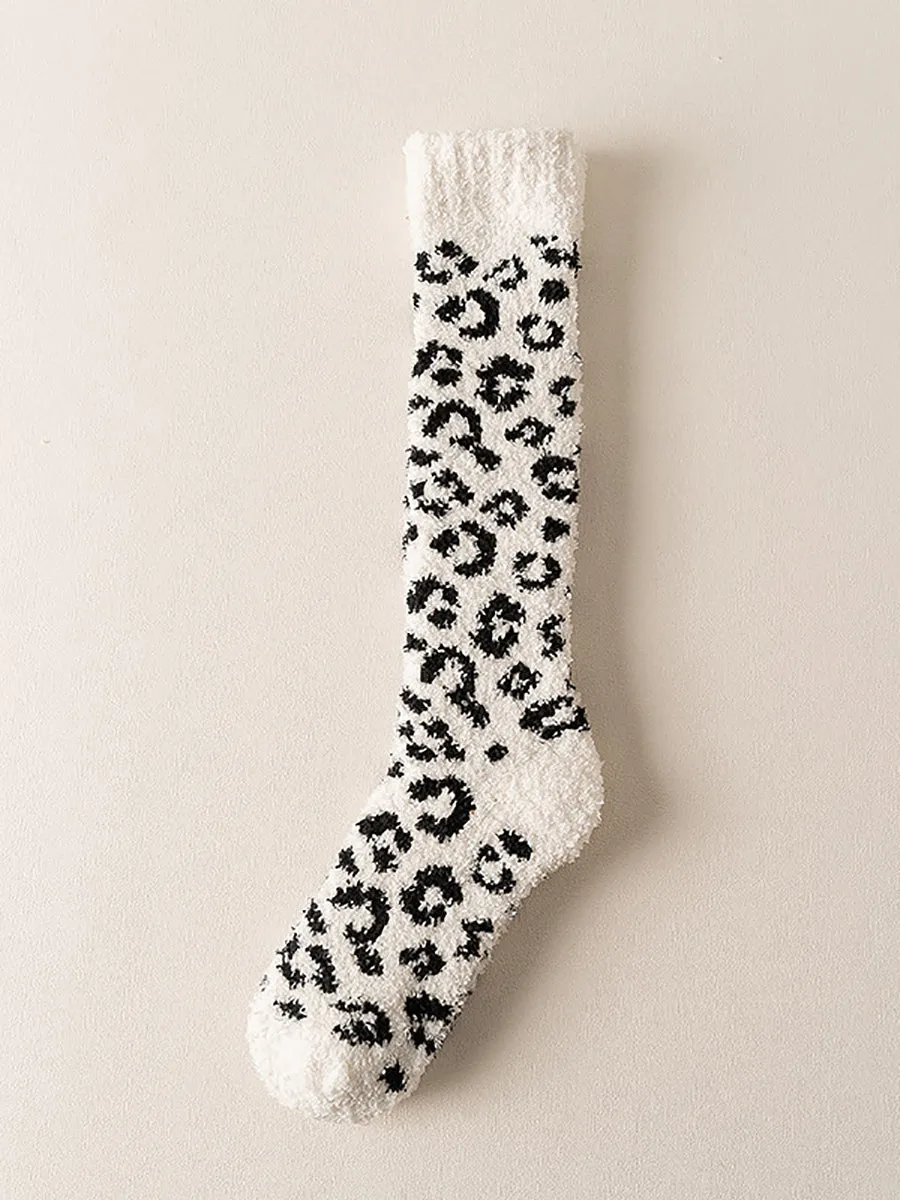 5 Pairs Women Winter Leopard Print Fleece Socks