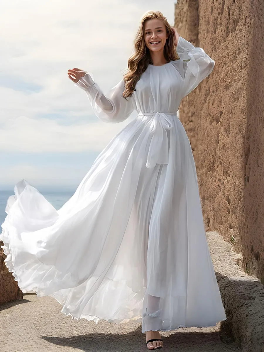 A-line Dress Round Neck Belted Long Sleeves Boho Maxi Dresses