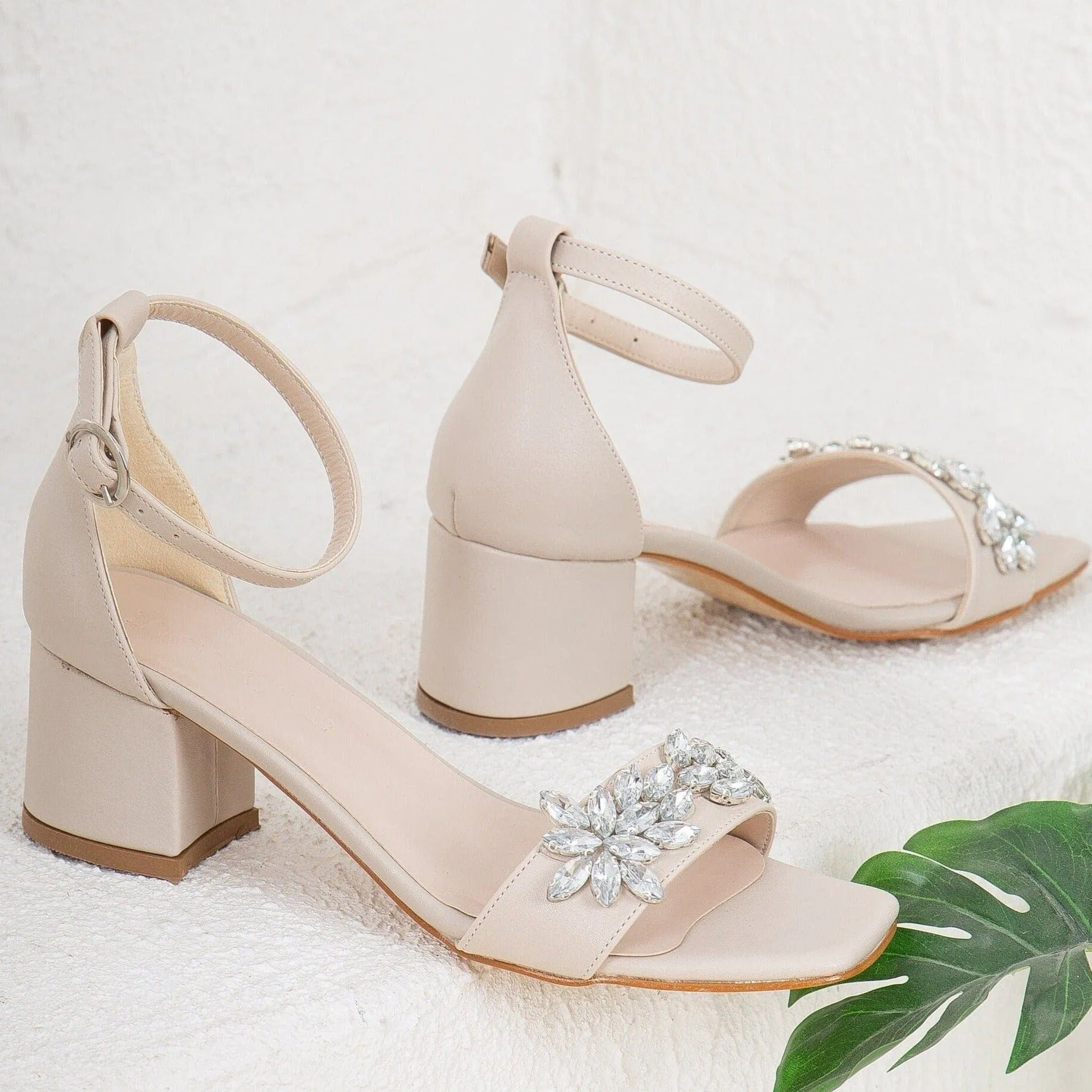 Adeline Vegan Leather Rhinestone Wedding Shoes | Beige