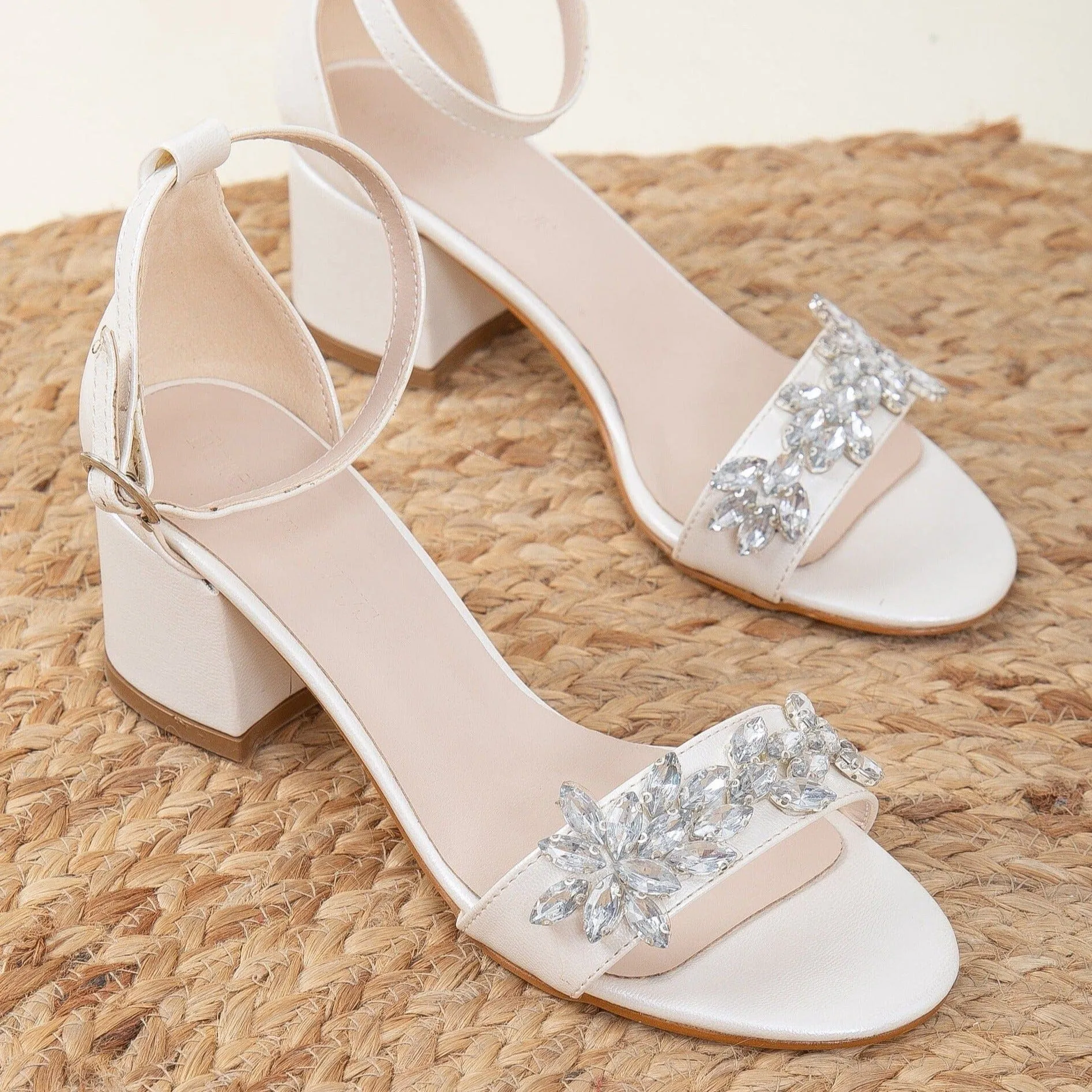 Adeline Vegan Leather Rhinestone Wedding Shoes | Ivory