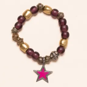 African Vinyl and Brass with Polki Diamond Bead and Enamel Star Pendant Bloom Bracelet