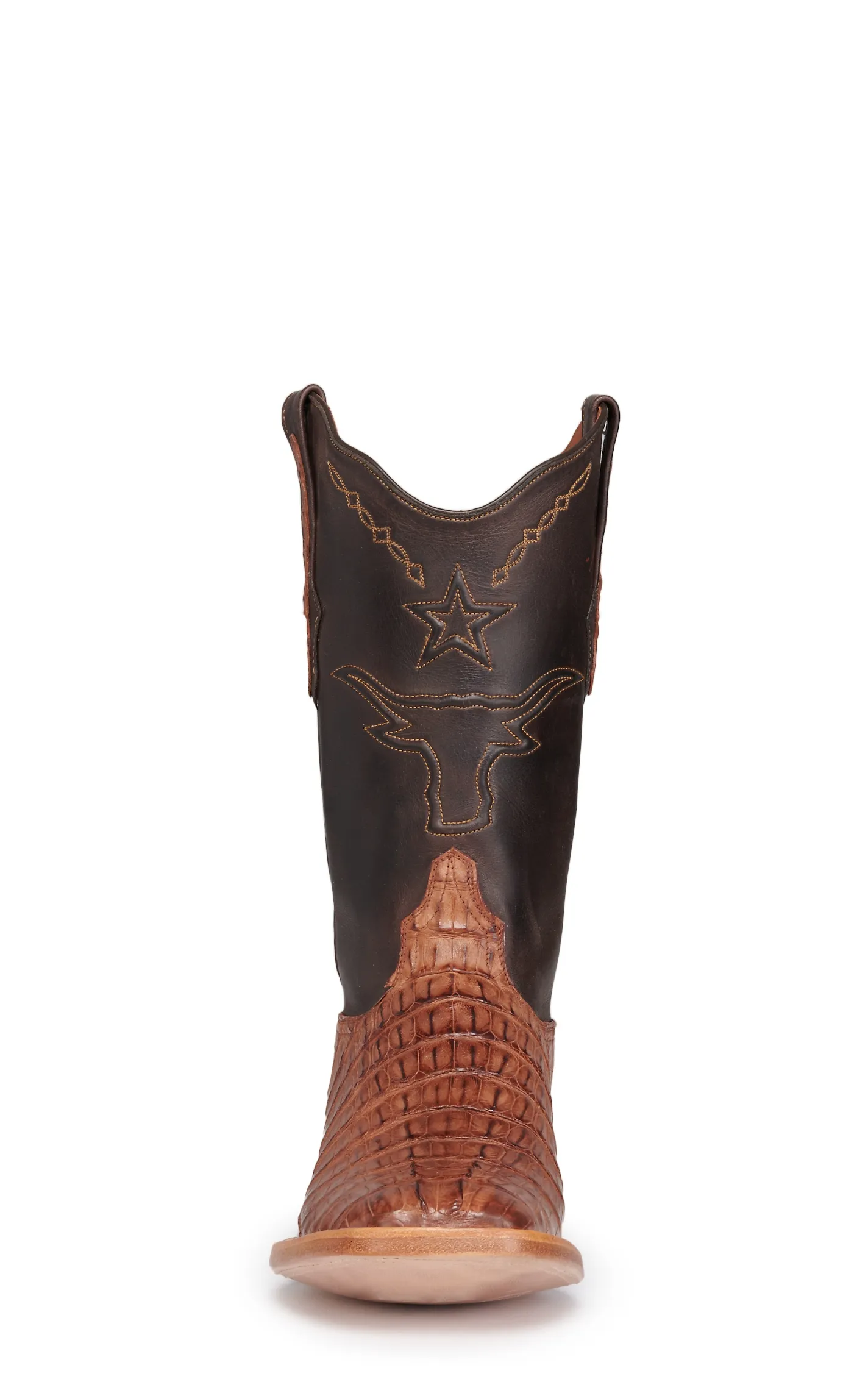 Black Jack Men's Chocolate and Cigar Caiman Tail Steer and Star Wide Square Toe Exotic Cowboy Boots