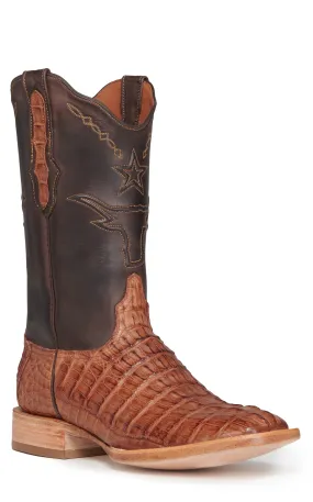 Black Jack Men's Chocolate and Cigar Caiman Tail Steer and Star Wide Square Toe Exotic Cowboy Boots