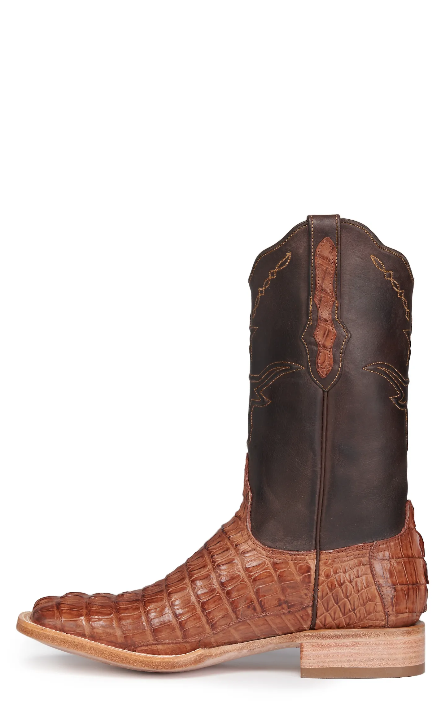 Black Jack Men's Chocolate and Cigar Caiman Tail Steer and Star Wide Square Toe Exotic Cowboy Boots