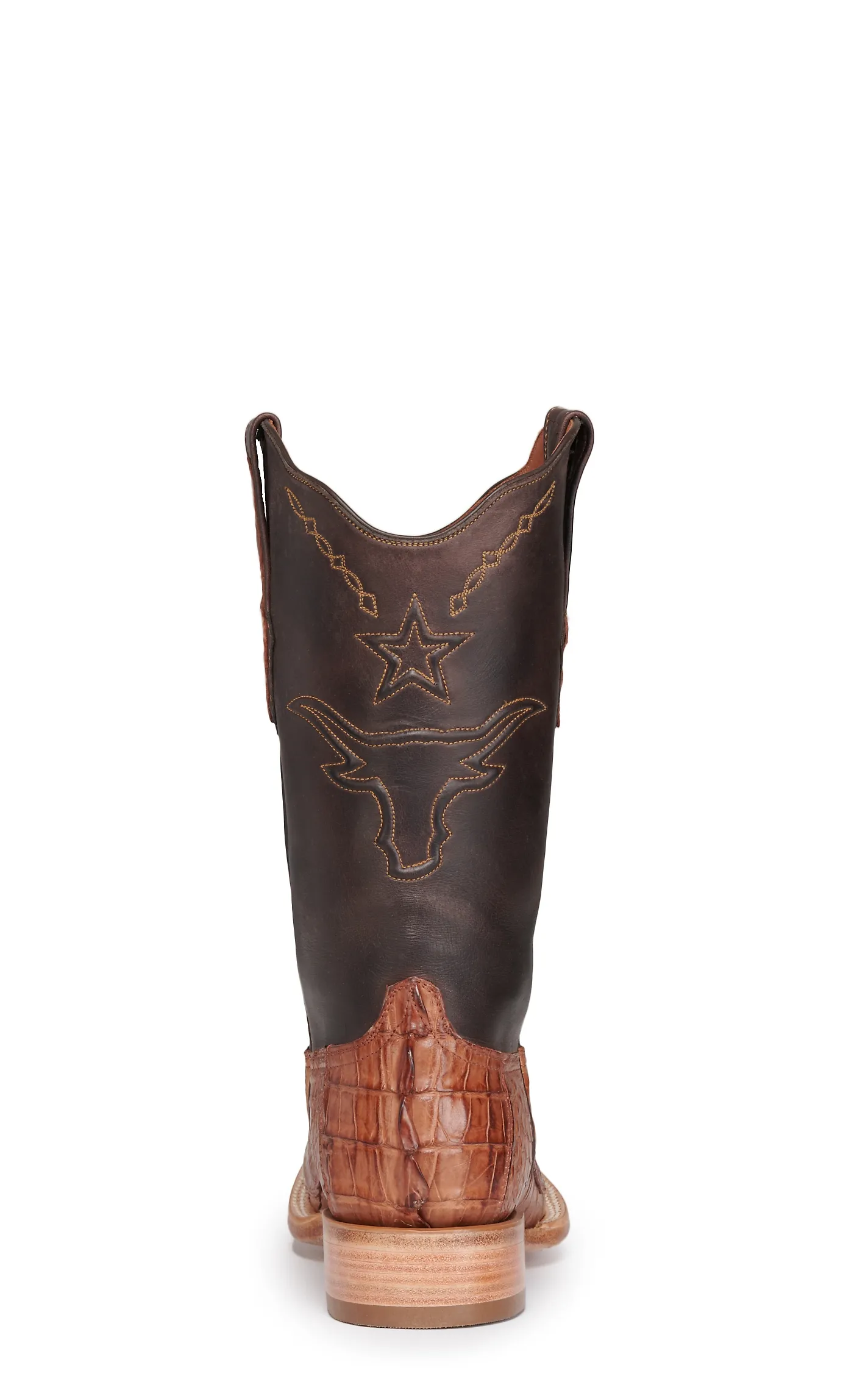 Black Jack Men's Chocolate and Cigar Caiman Tail Steer and Star Wide Square Toe Exotic Cowboy Boots