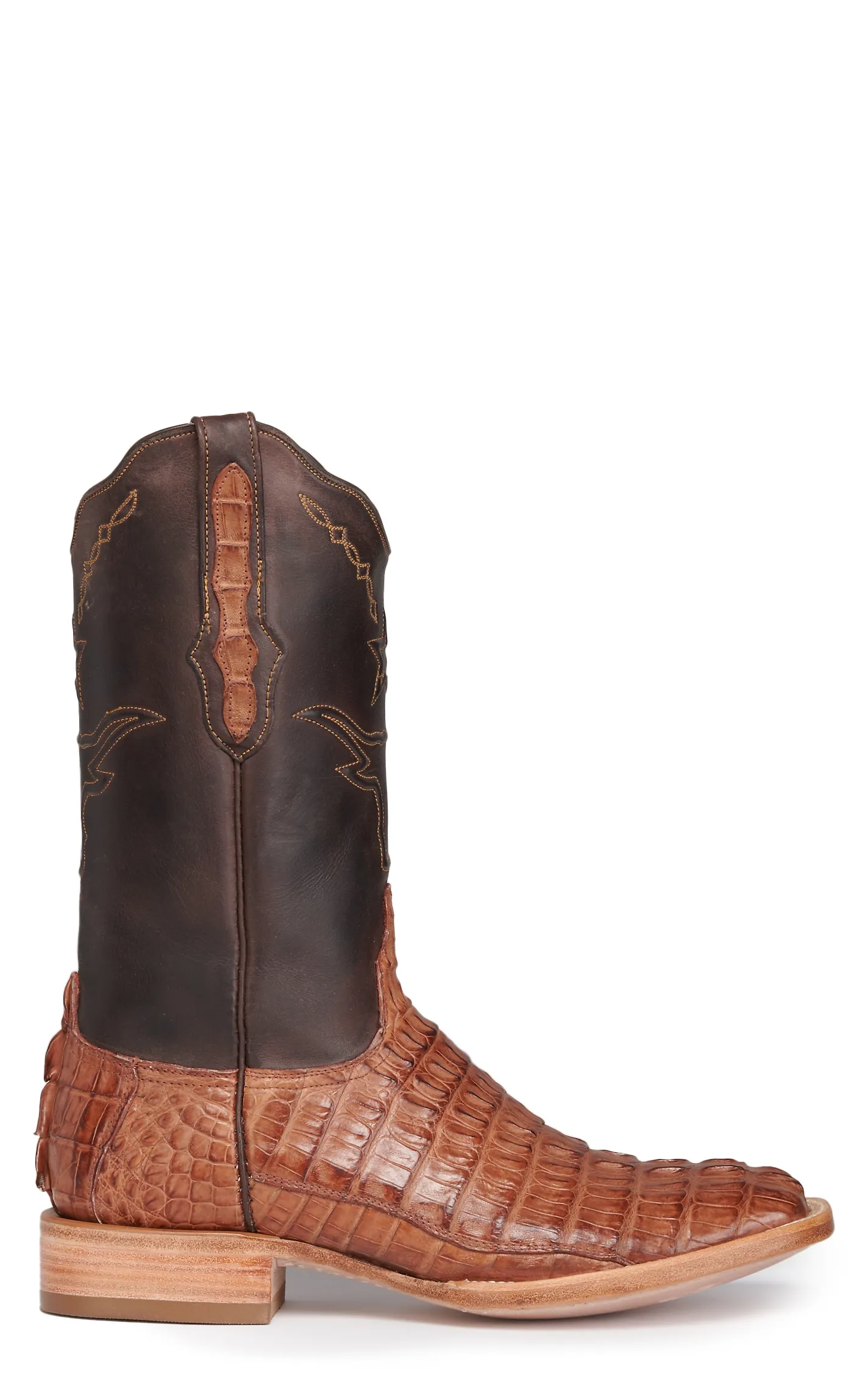 Black Jack Men's Chocolate and Cigar Caiman Tail Steer and Star Wide Square Toe Exotic Cowboy Boots