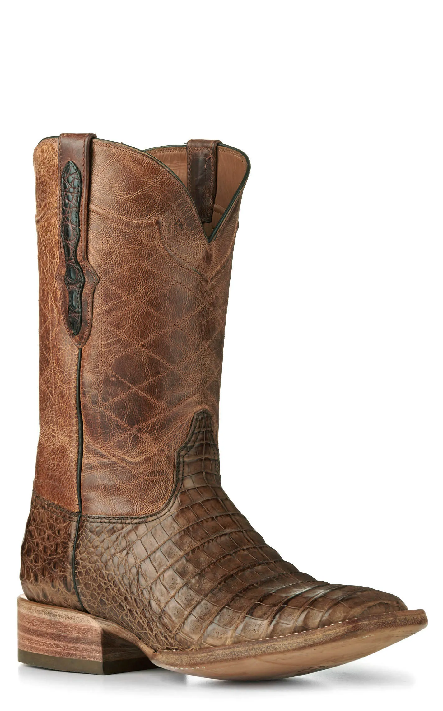 Black Jack Men's Coyote Tan and Burnished Glossy Cigar Caiman Wide Square Toe Exotic Cowboy Boots