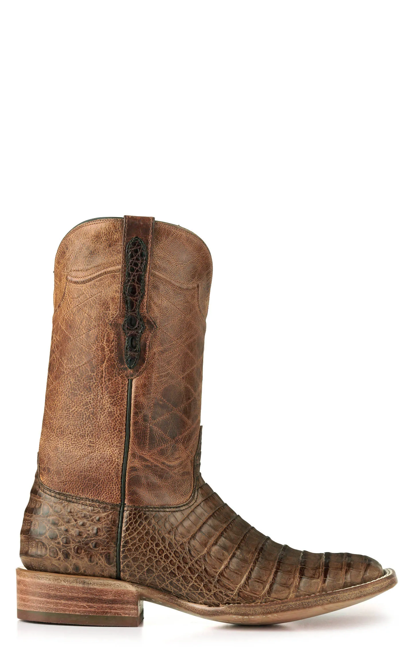 Black Jack Men's Coyote Tan and Burnished Glossy Cigar Caiman Wide Square Toe Exotic Cowboy Boots