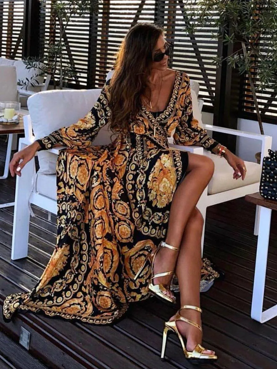 Boho Maxi Dresses Long Sleeves Printed V-Neck Slit Long Dress For Women