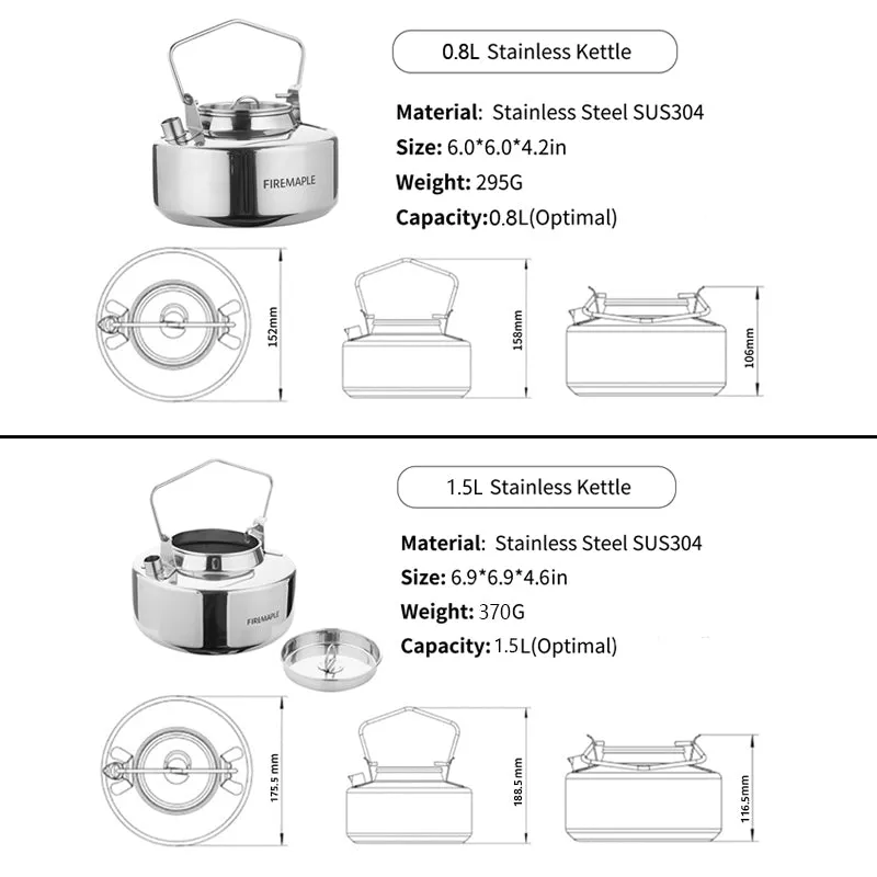 Bouilloire / théière de camping en acier inoxydable (Inox) de haute qualité 0,8l / 295g Fire-Maple - S304