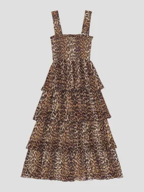 Brown Animal Print Pleated Midi Dress