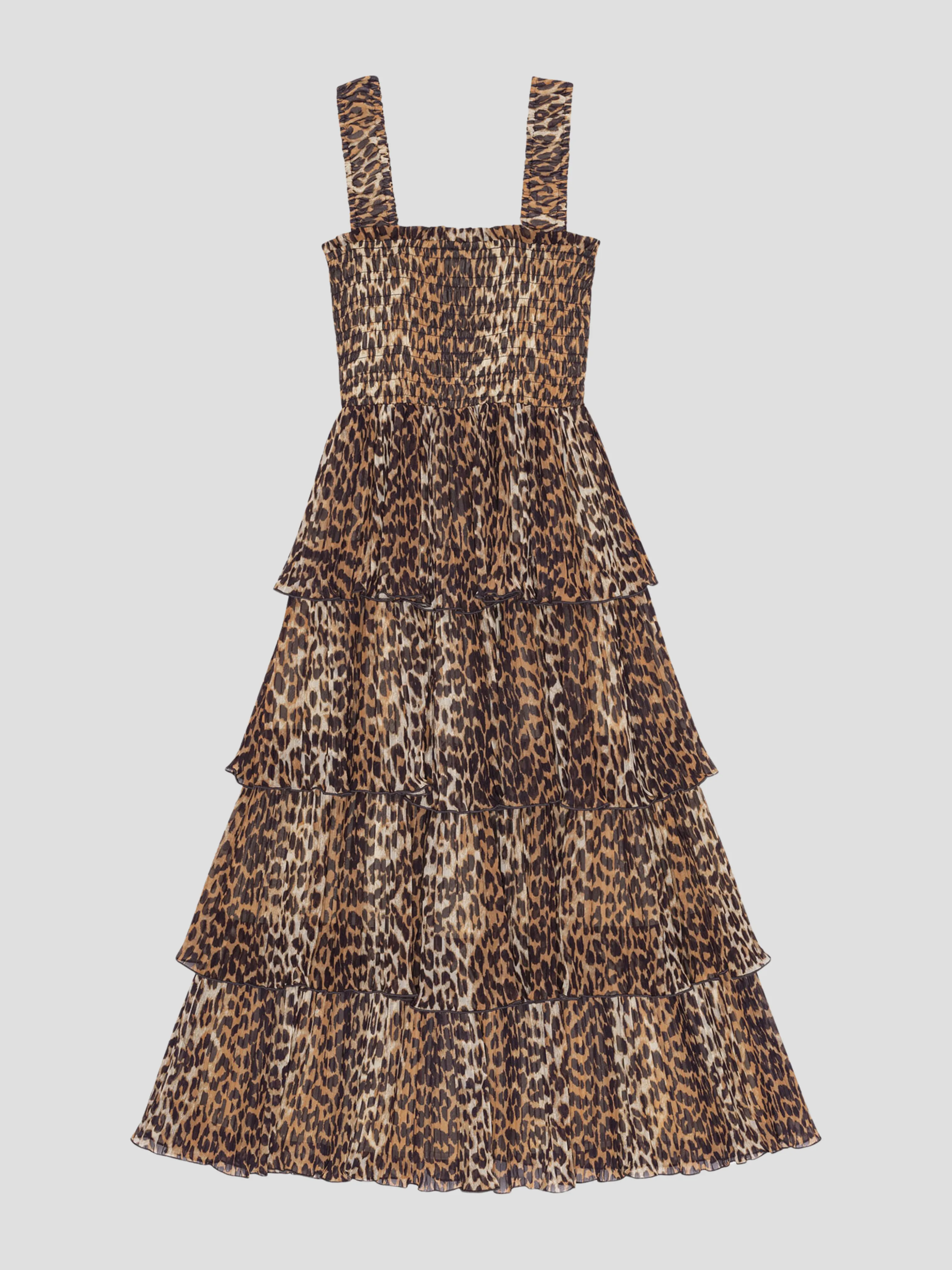 Brown Animal Print Pleated Midi Dress