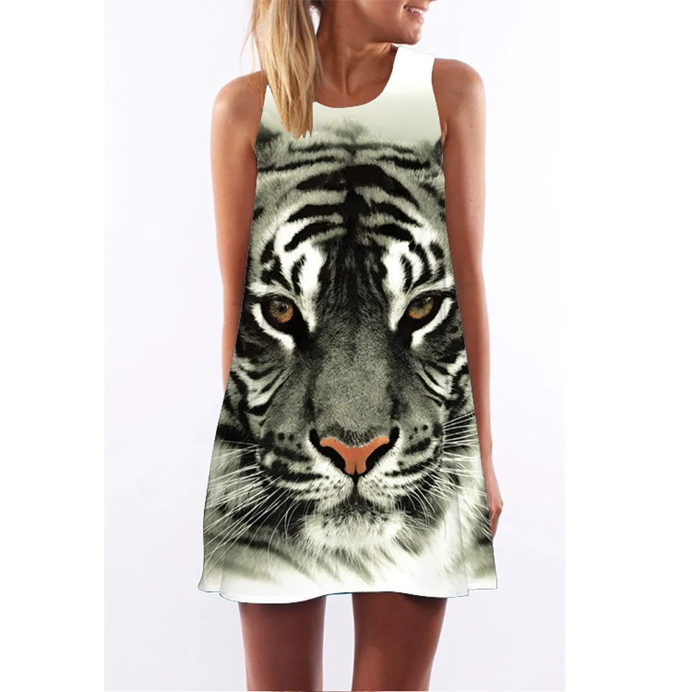 Casual Print Dress Tiger Pattern Printed Sleeveless Vest Dress Vestidos Woman Short Mini Dresses