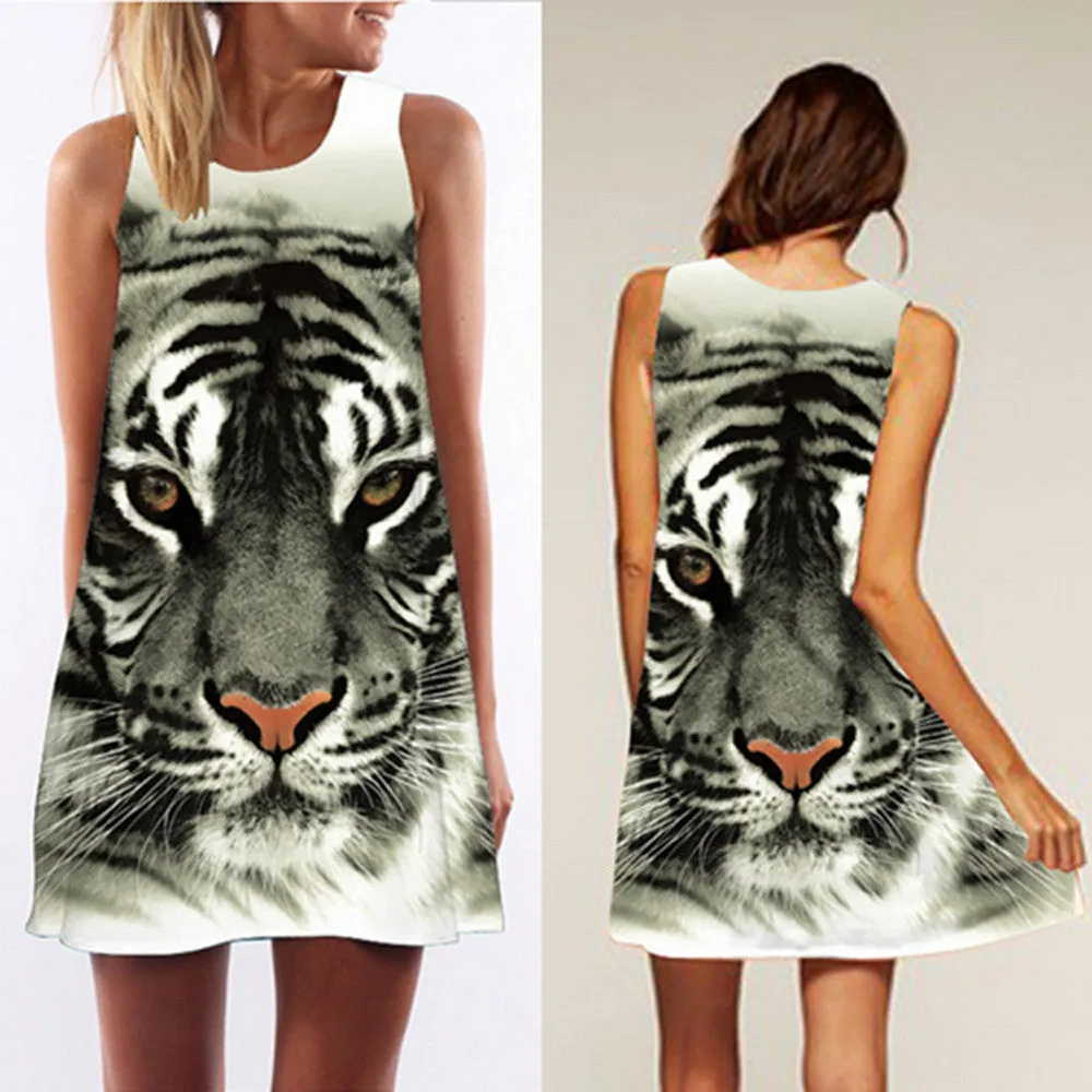 Casual Print Dress Tiger Pattern Printed Sleeveless Vest Dress Vestidos Woman Short Mini Dresses