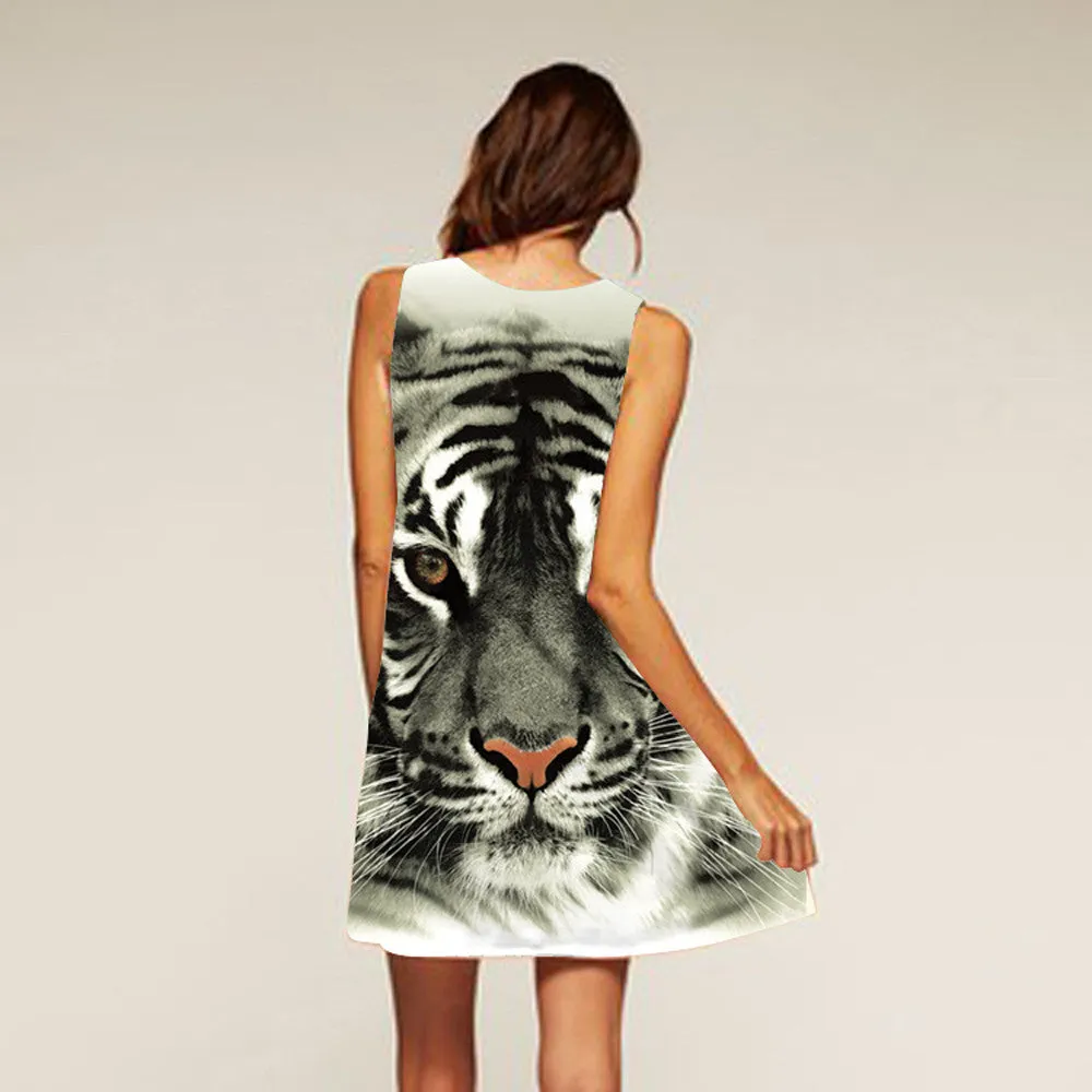 Casual Print Dress Tiger Pattern Printed Sleeveless Vest Dress Vestidos Woman Short Mini Dresses