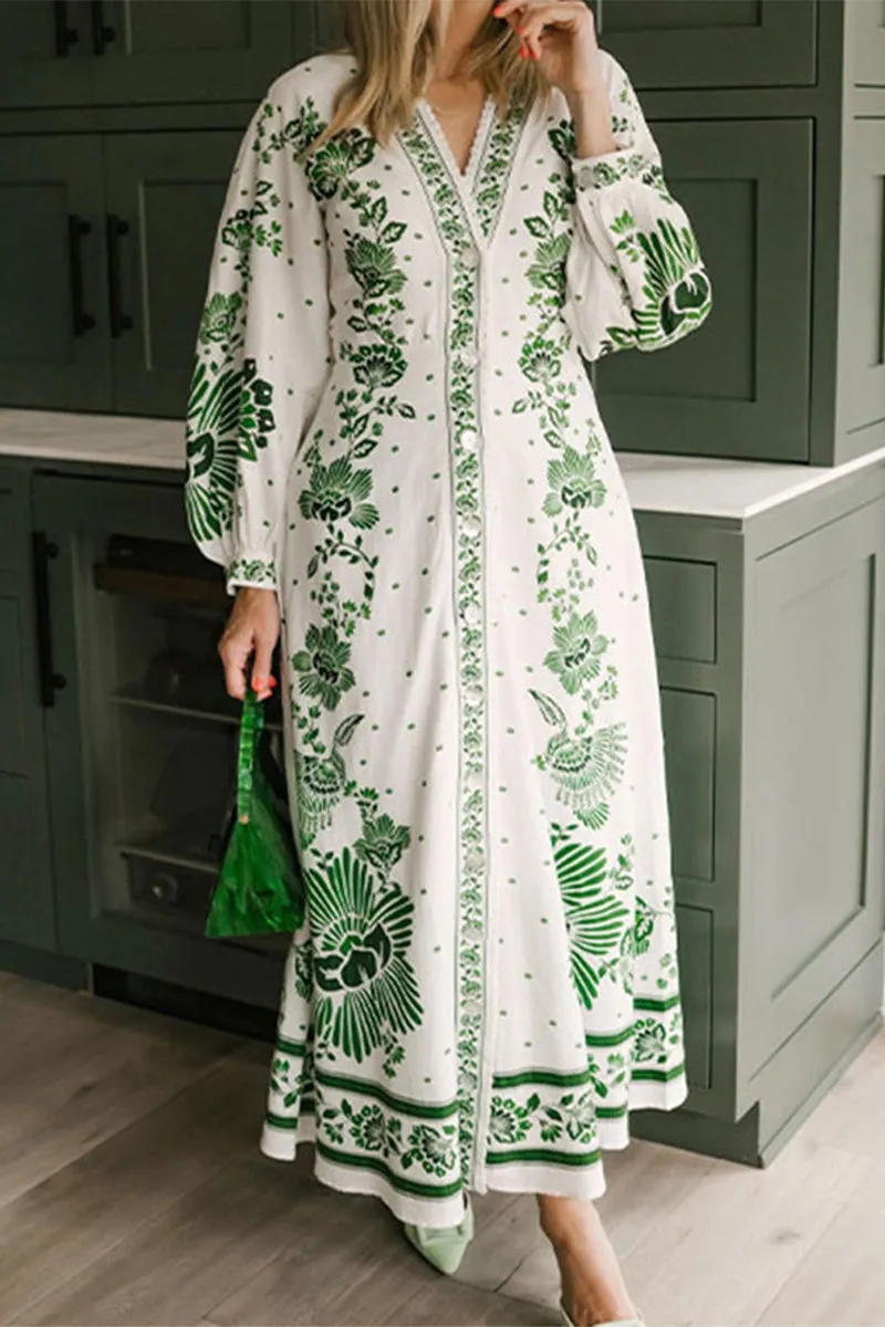 Casual Vacation Floral Print Buckle V Neck Long Sleeve Dresses