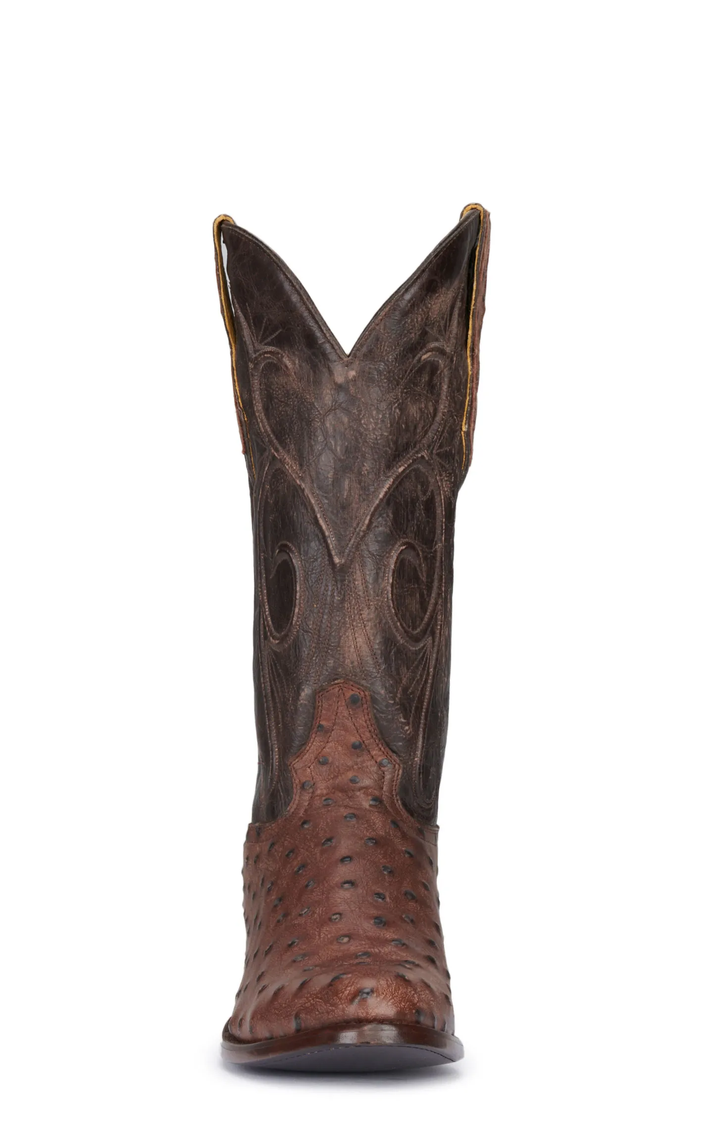 Cavender's Men's Chocolate and Brown Ostrich Print R-Toe Cowboy Boots