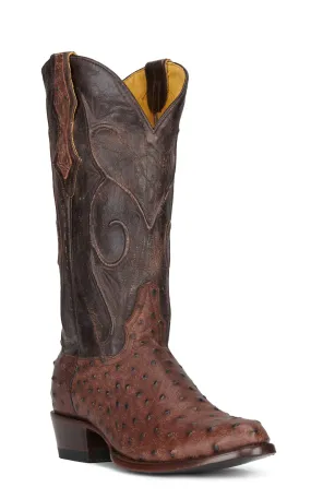 Cavender's Men's Chocolate and Brown Ostrich Print R-Toe Cowboy Boots