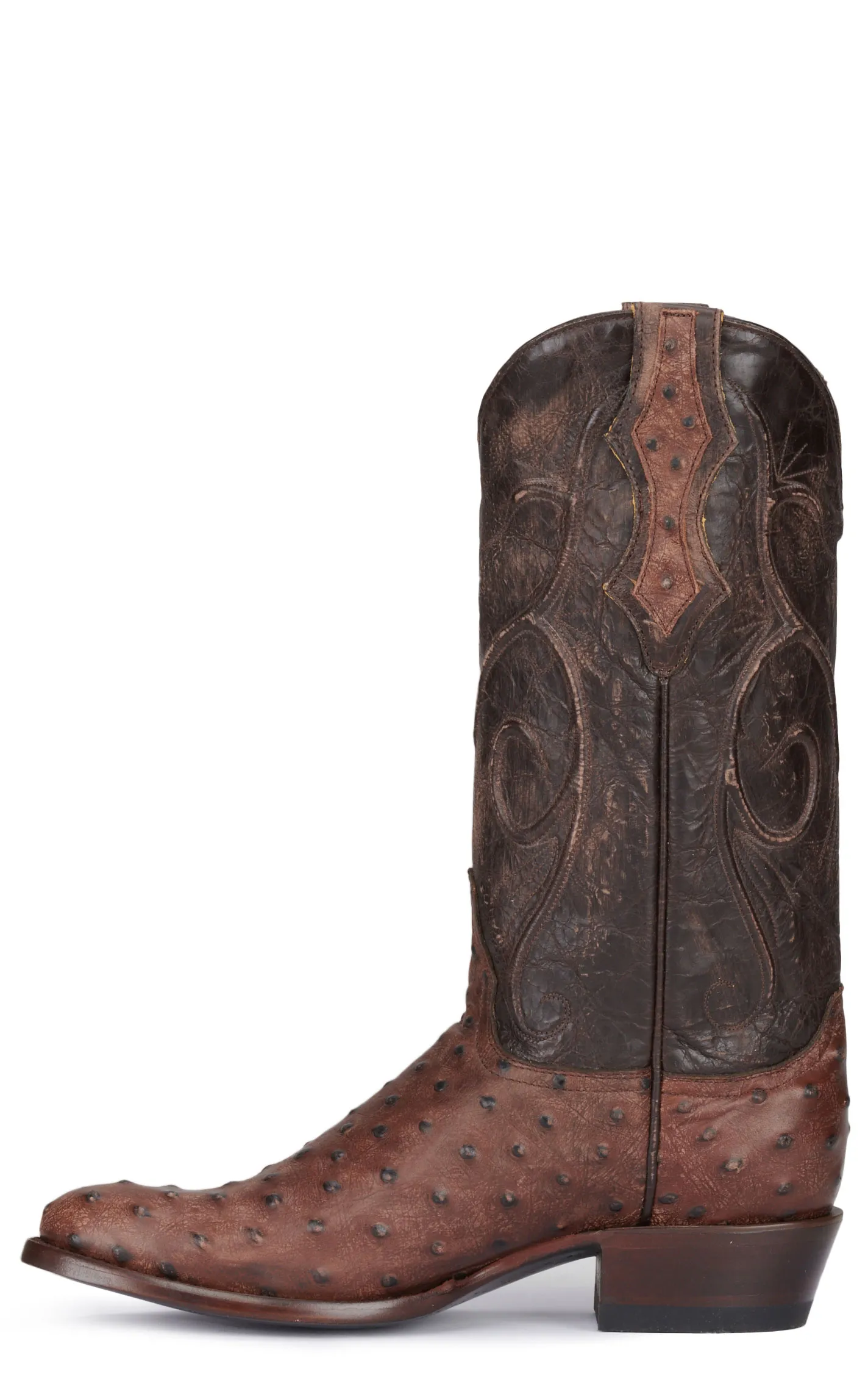 Cavender's Men's Chocolate and Brown Ostrich Print R-Toe Cowboy Boots