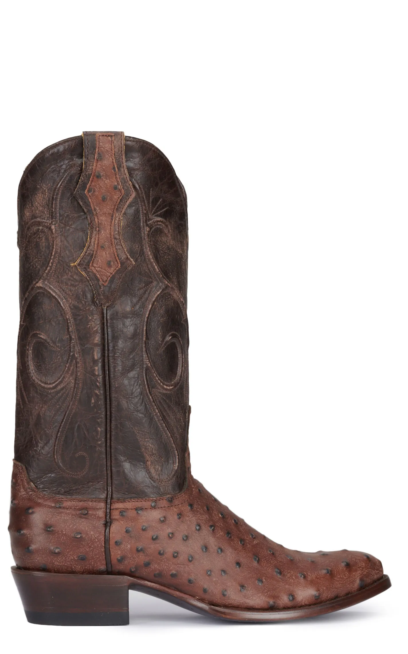 Cavender's Men's Chocolate and Brown Ostrich Print R-Toe Cowboy Boots