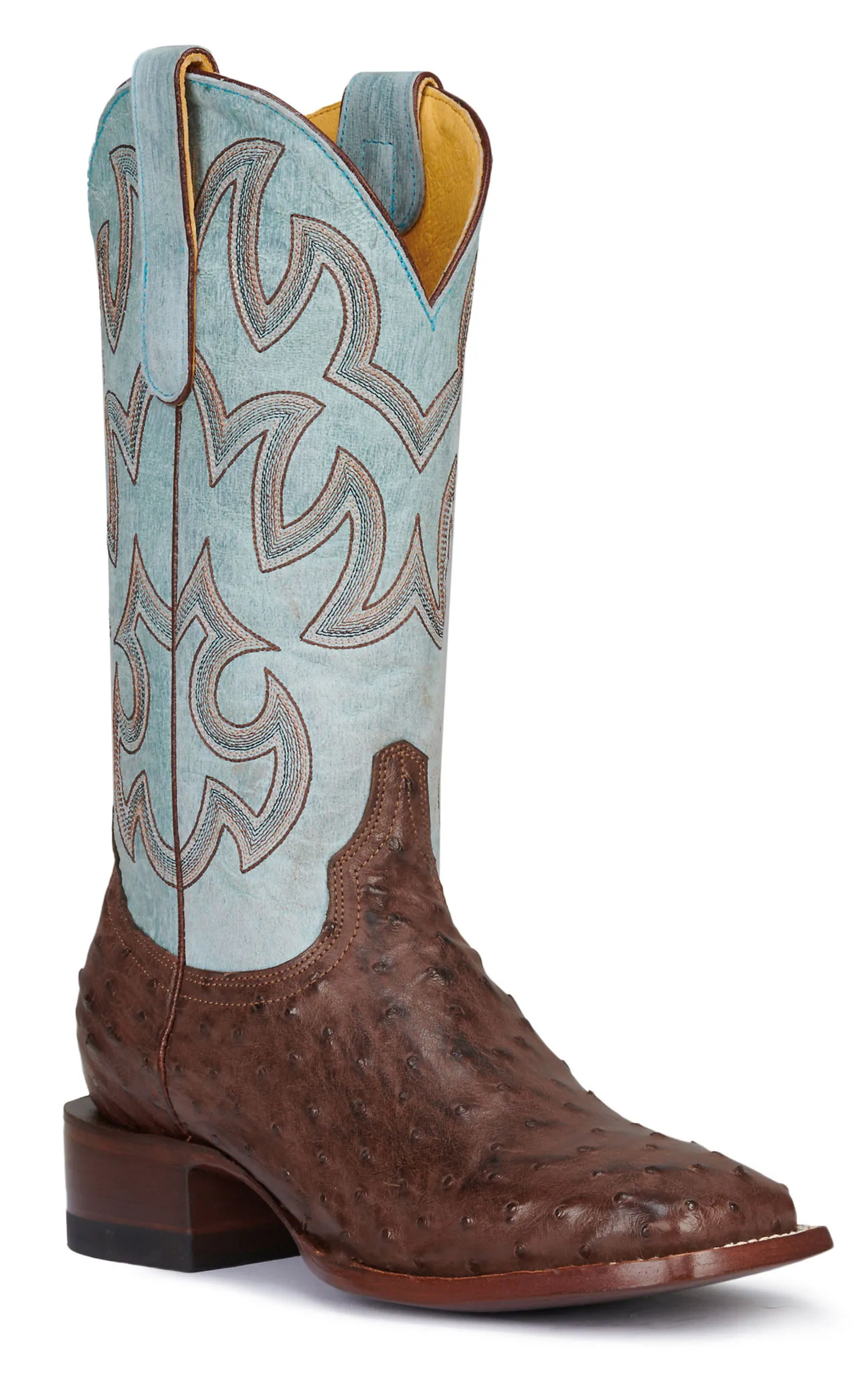 Cavender's Women's Sky Blue and Bruchiato Moka Brown Full Quill Ostrich Square Toe Exotic Cowboy Boots