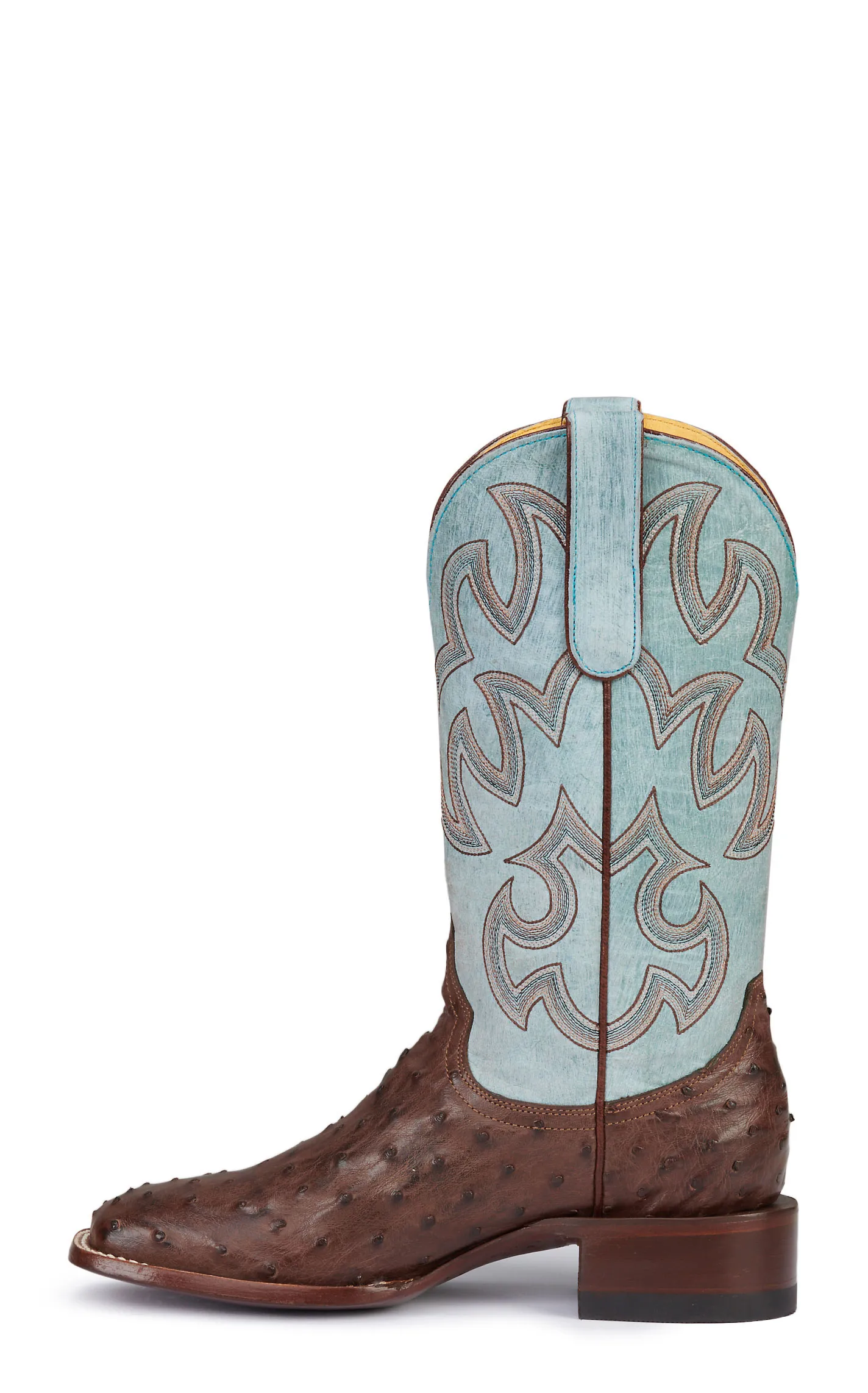 Cavender's Women's Sky Blue and Bruchiato Moka Brown Full Quill Ostrich Square Toe Exotic Cowboy Boots