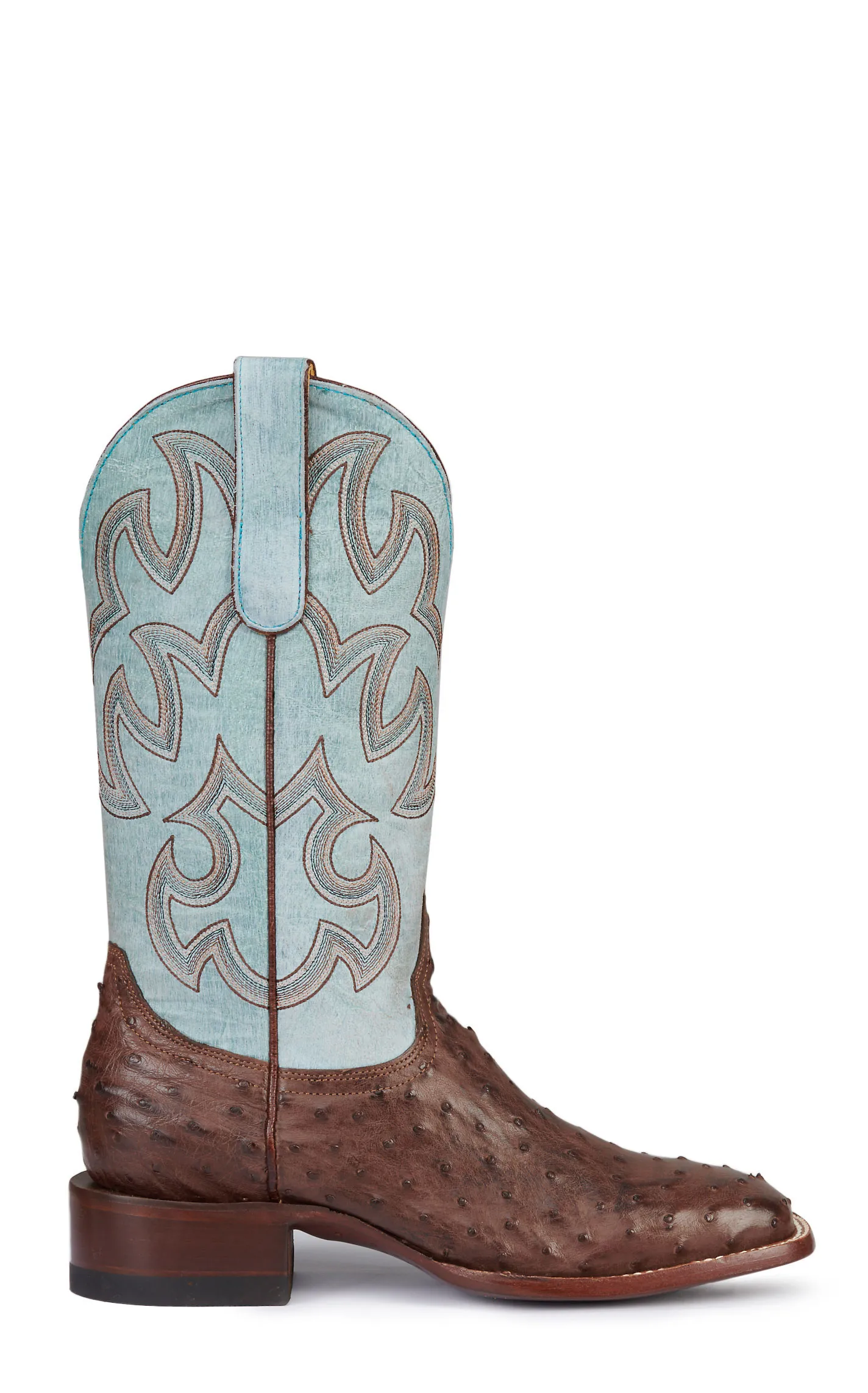 Cavender's Women's Sky Blue and Bruchiato Moka Brown Full Quill Ostrich Square Toe Exotic Cowboy Boots