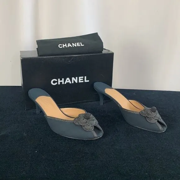 Chanel NavyFabric Mules With Flower