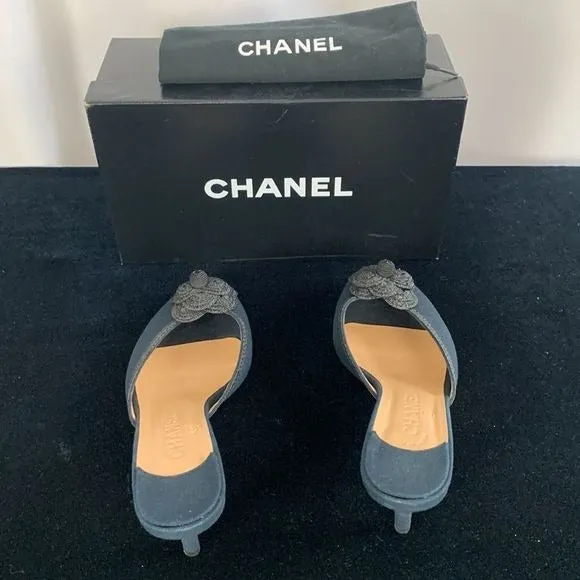 Chanel NavyFabric Mules With Flower