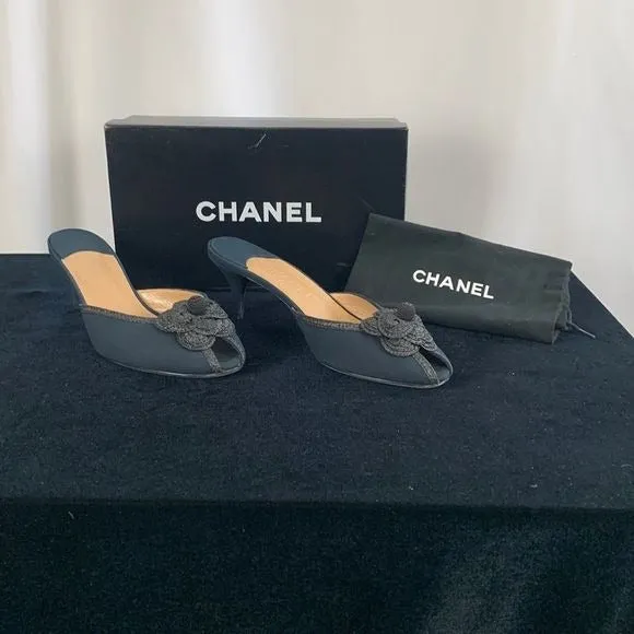 Chanel NavyFabric Mules With Flower