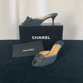 Chanel NavyFabric Mules With Flower