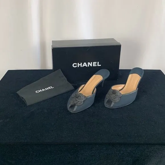 Chanel NavyFabric Mules With Flower