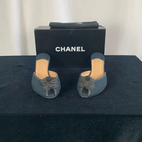 Chanel NavyFabric Mules With Flower