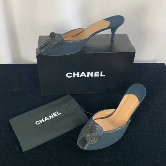 Chanel NavyFabric Mules With Flower