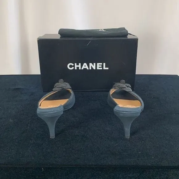 Chanel NavyFabric Mules With Flower