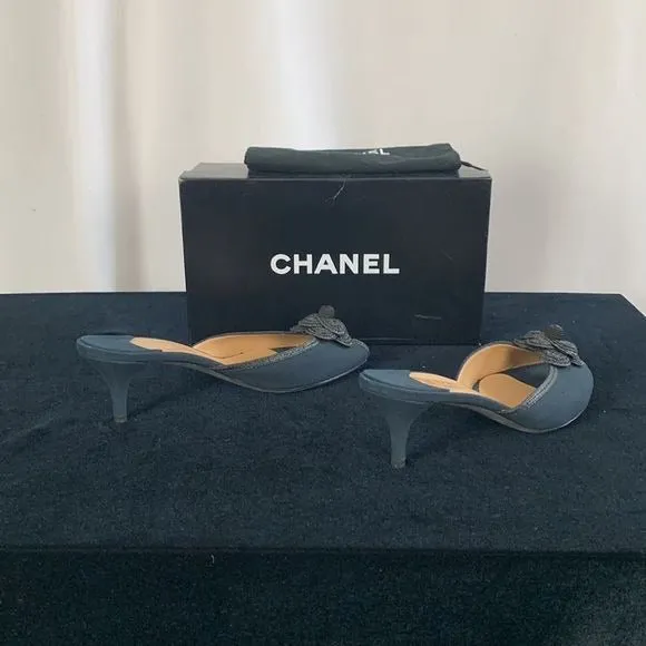 Chanel NavyFabric Mules With Flower