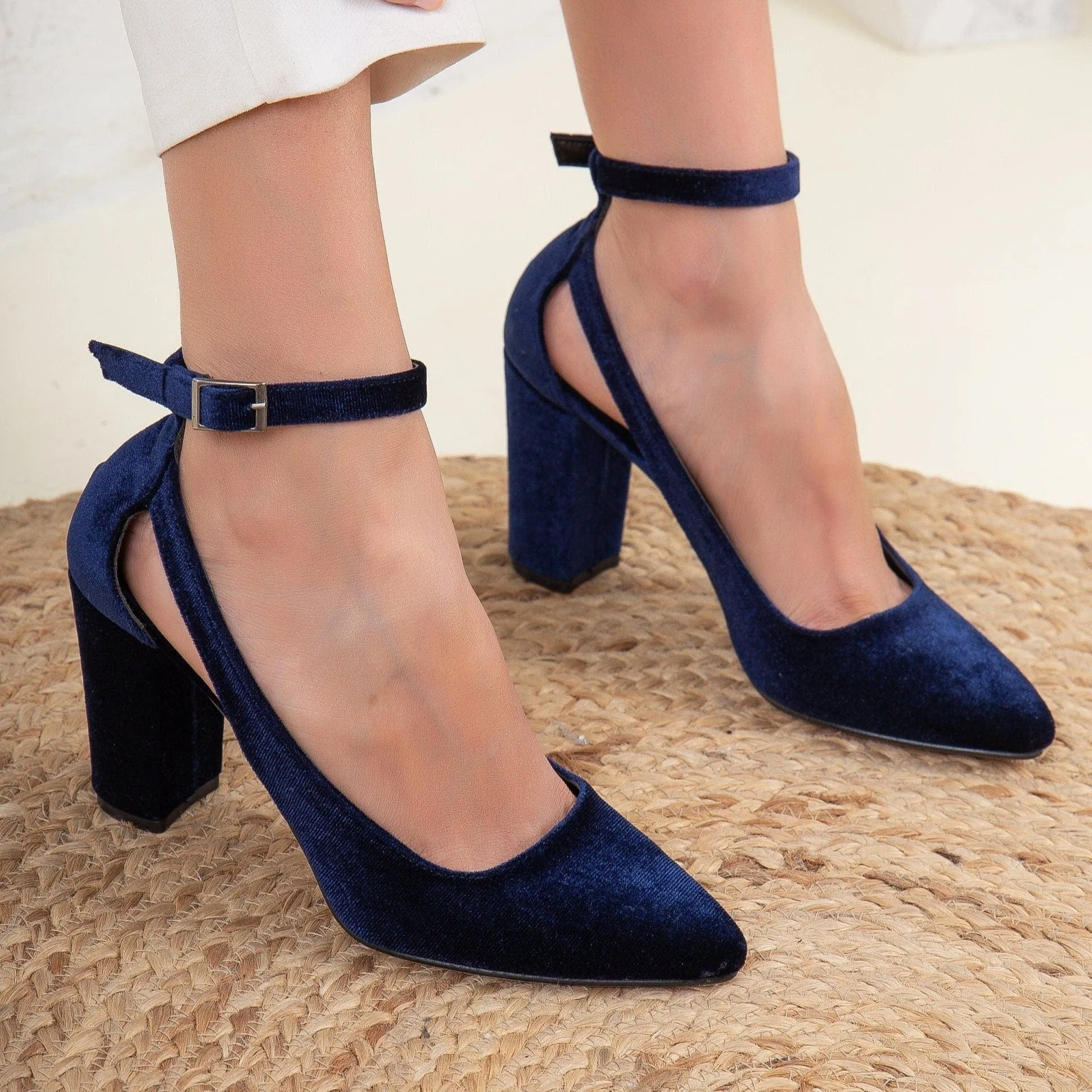 Colette Vegan Velvet Block Heels | Dark Blue