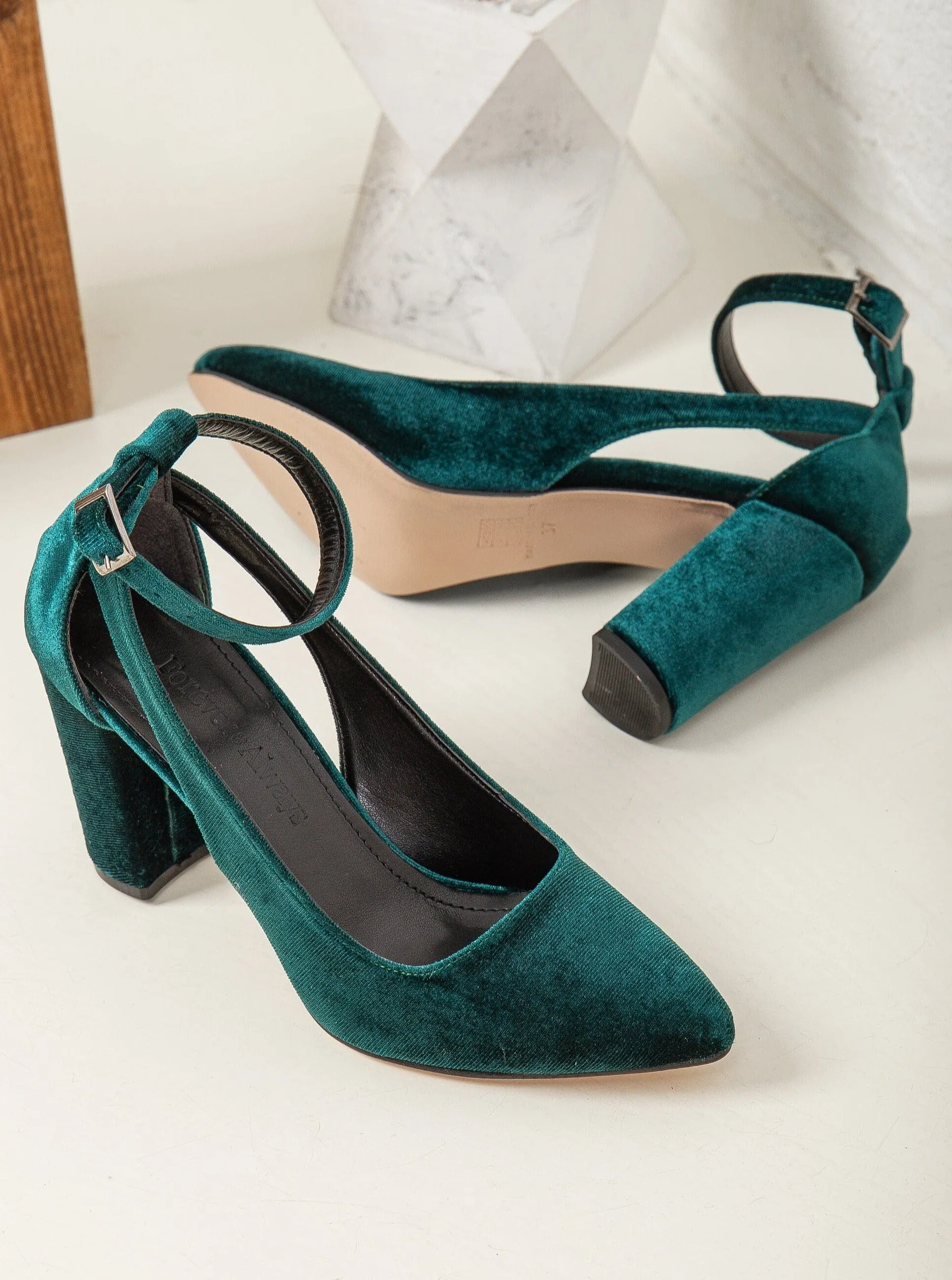 Colette Vegan Velvet Block Heels | Emerald Green