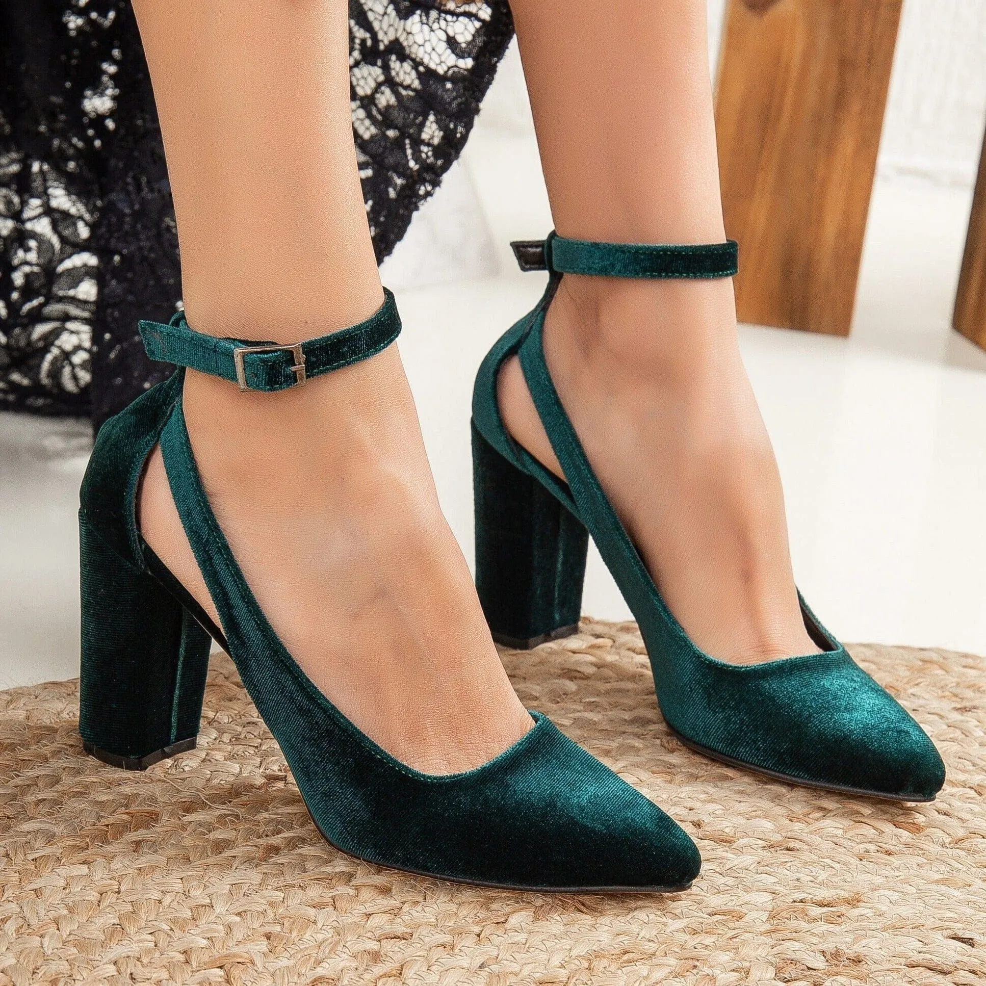 Colette Vegan Velvet Block Heels | Emerald Green