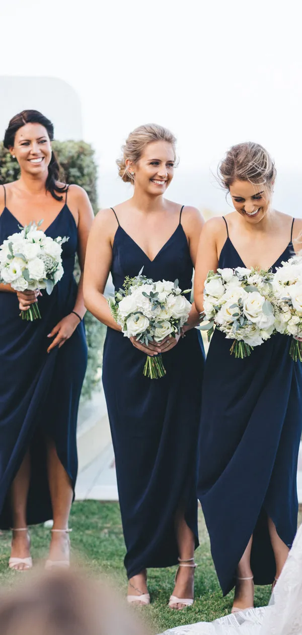 Dark Navy Jersey Spaghetti Strap V-neck Sheath High Low Bridesmaid Dresses,DB133