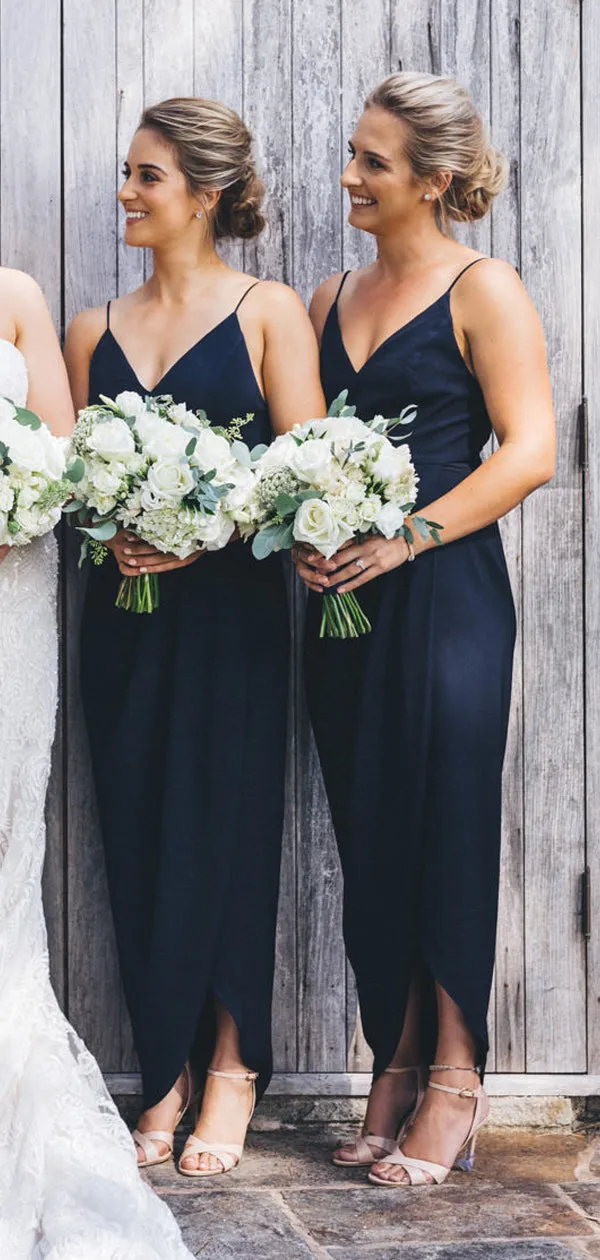 Dark Navy Jersey Spaghetti Strap V-neck Sheath High Low Bridesmaid Dresses,DB133