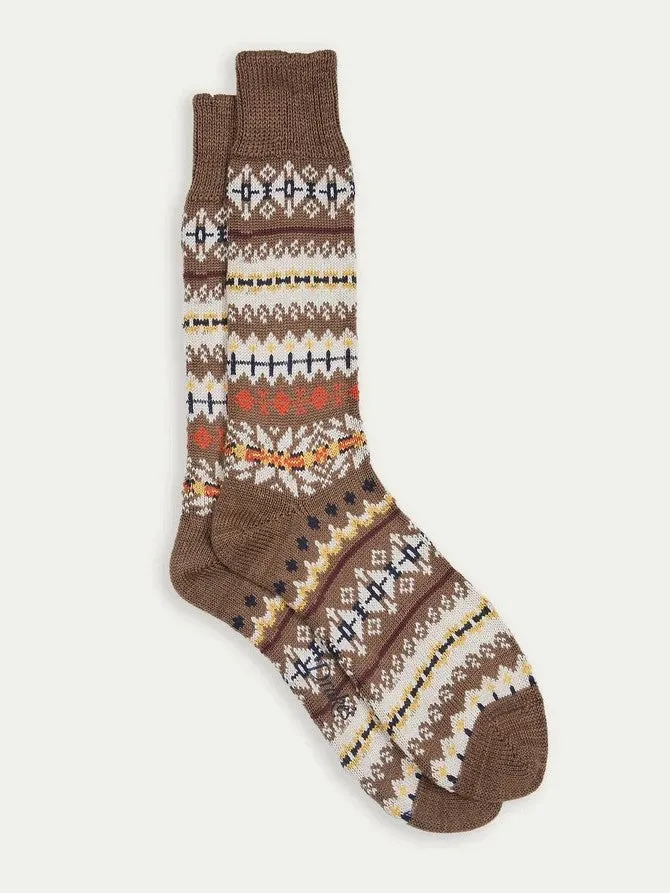 Drake's Brown Fair Isle Wool Cotton Socks