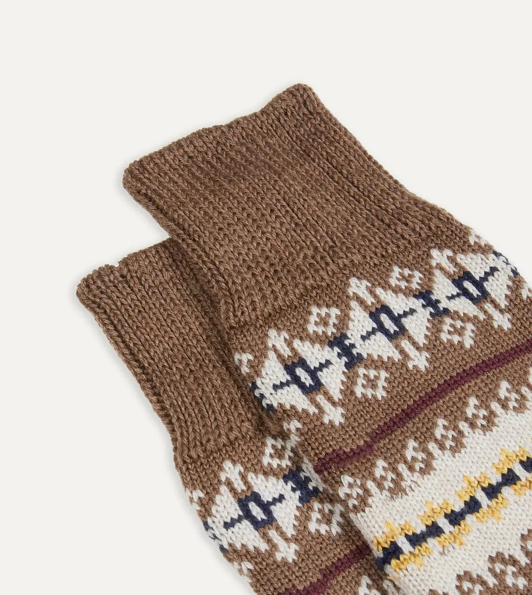 Drake's Brown Fair Isle Wool Cotton Socks