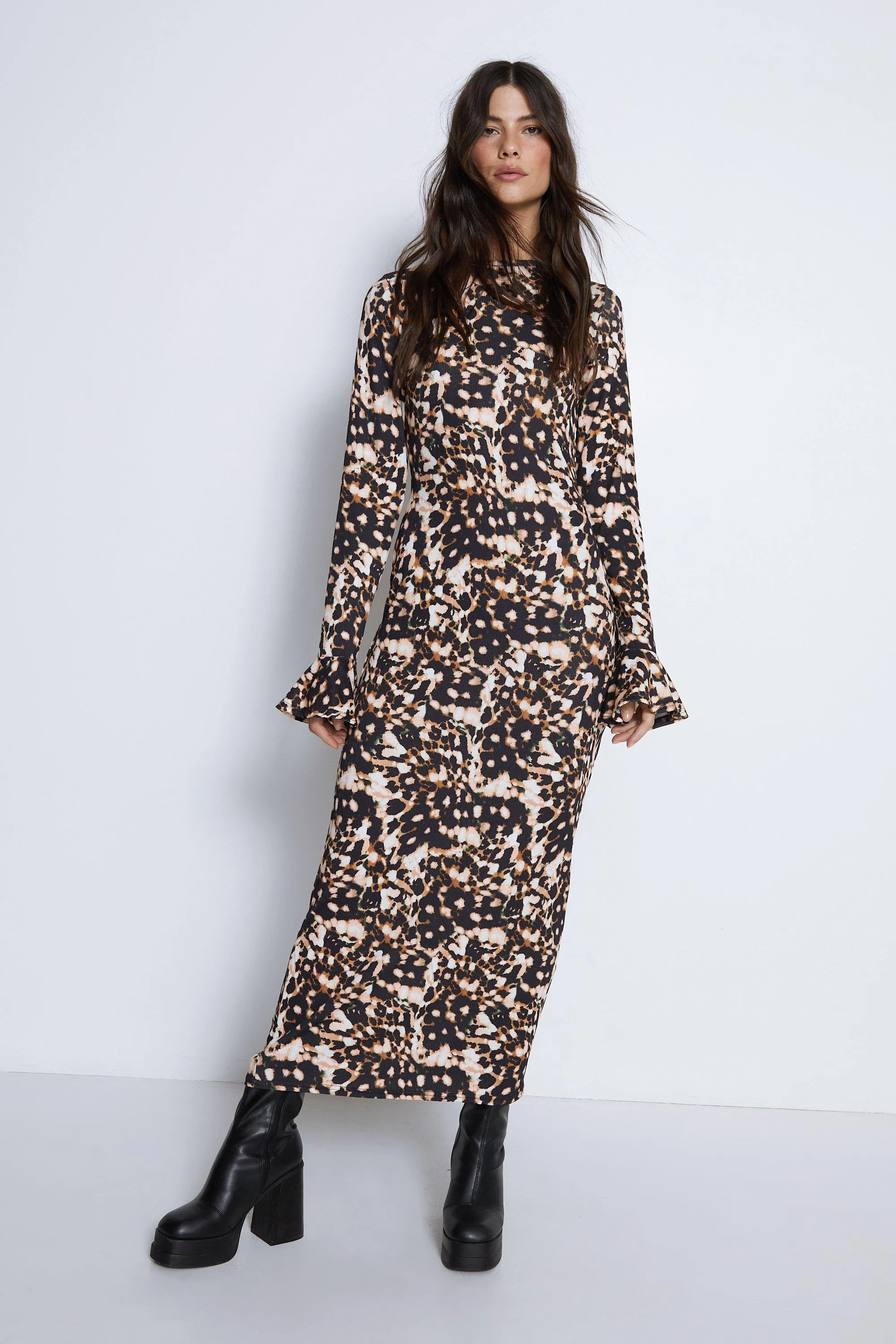 Dresses | Animal Print Flute Sleeve Midi Dress | Warehouse