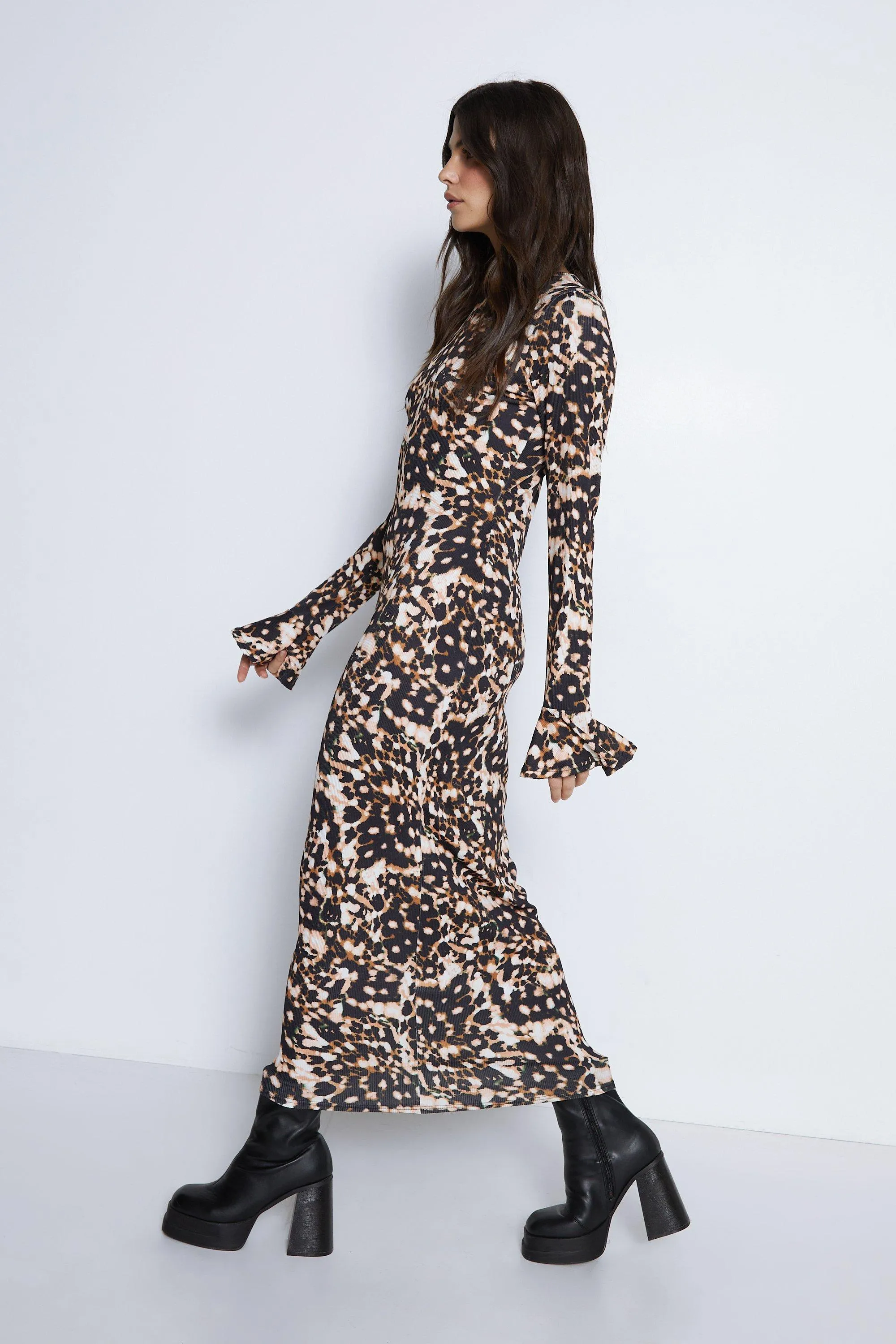 Dresses | Animal Print Flute Sleeve Midi Dress | Warehouse