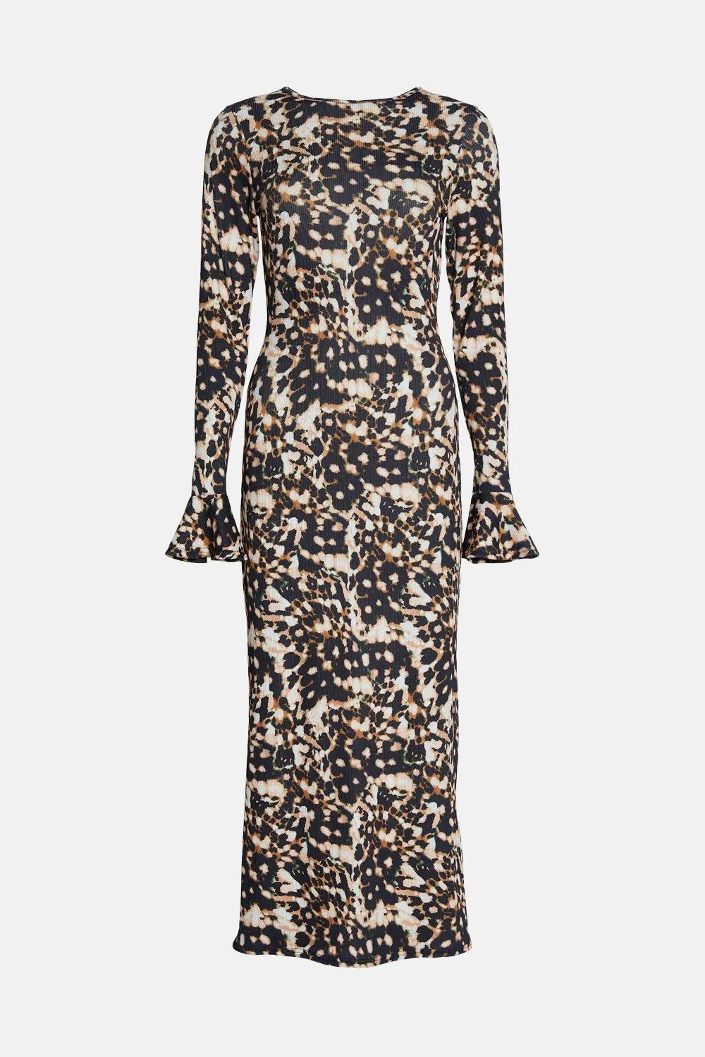 Dresses | Animal Print Flute Sleeve Midi Dress | Warehouse